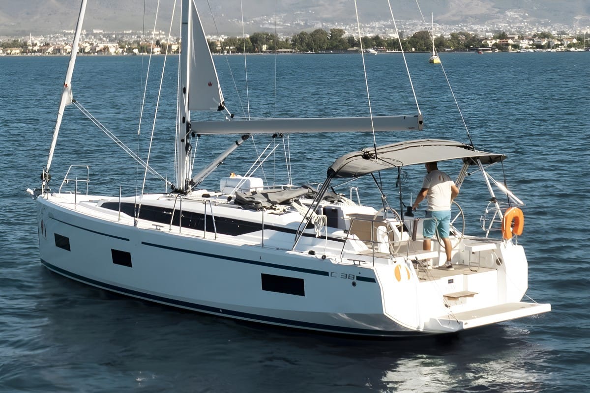 Exterior view of Coconut, a Bavaria C38 sailboat at Fethiye, Turkey