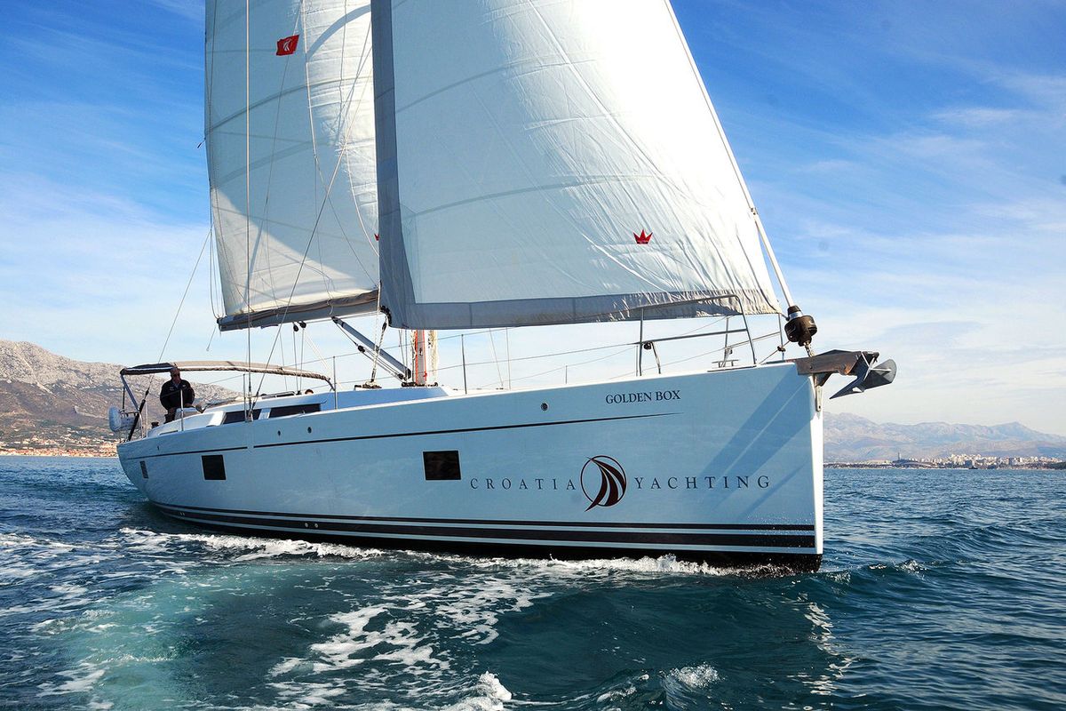 Exterior view of Golden Box, a Hanse Yachts Hanse 508 sailboat at Grad Kaštela, Croatia