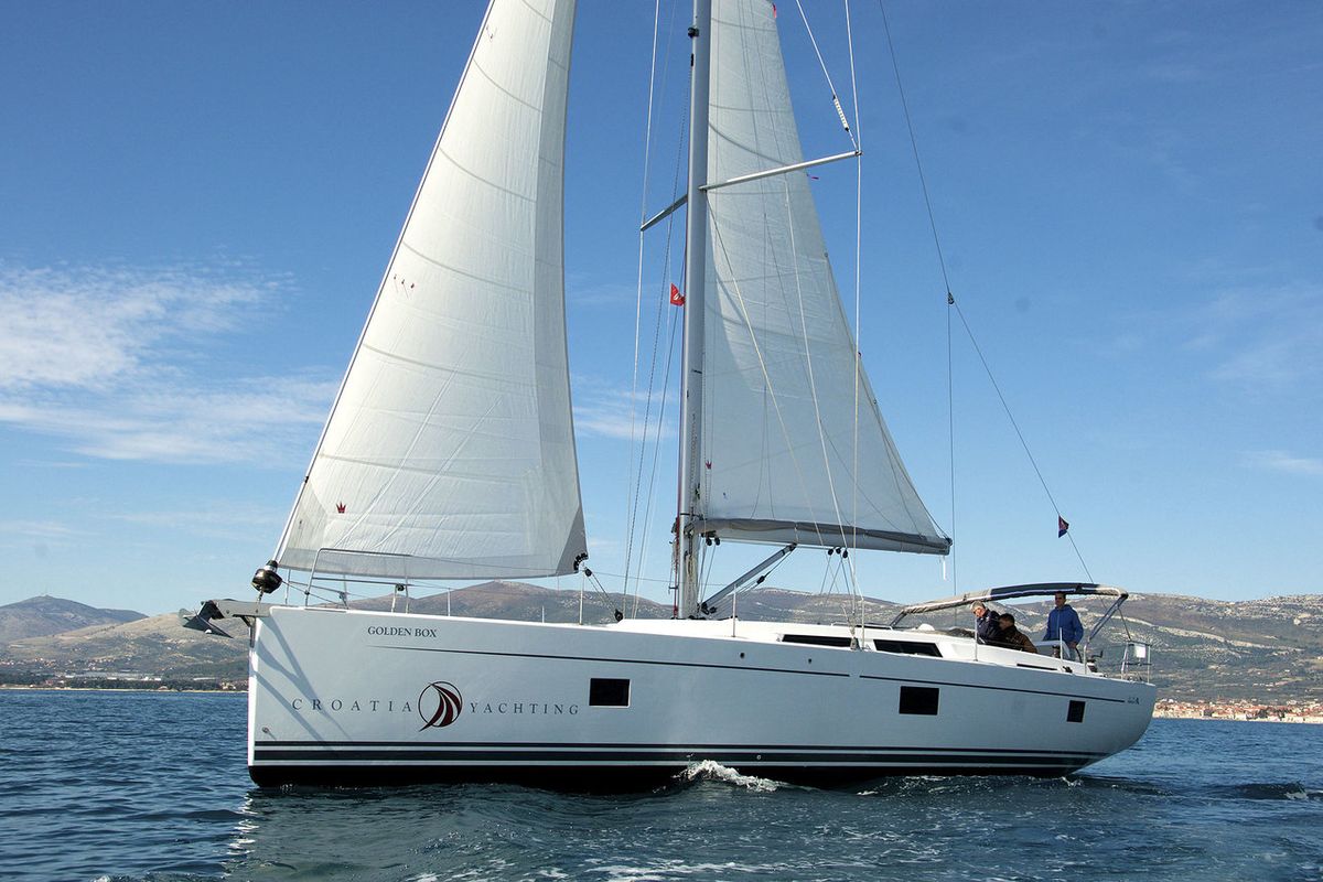 Exterior view of Golden Box, a Hanse Yachts Hanse 508 sailboat at Grad Kaštela, Croatia