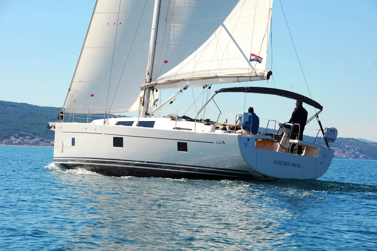 Exterior view of Golden Box, a Hanse Yachts Hanse 508 sailboat at Grad Kaštela, Croatia