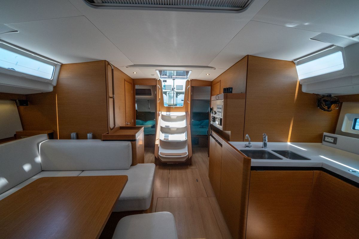 Salon of Elenor, a Jeanneau Sun Odyssey 490 sailboat at Fethiye, Turkey