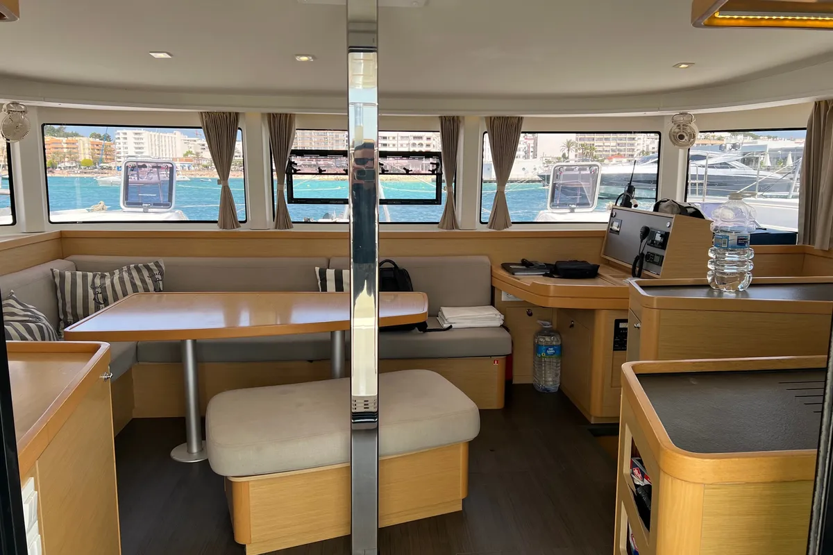 Salon of Mares, a Lagoon 42 catamaran at Sant Antoni de Portmany, Spain