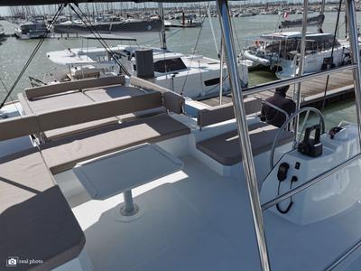 Cockpit of Moderna, a Bali 4.6 catamaran at Cannigione, Italy