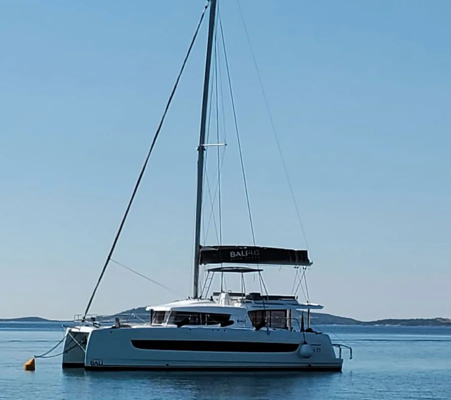 Exterior view of Moderna, a Bali 4.6 catamaran at Cannigione, Italy