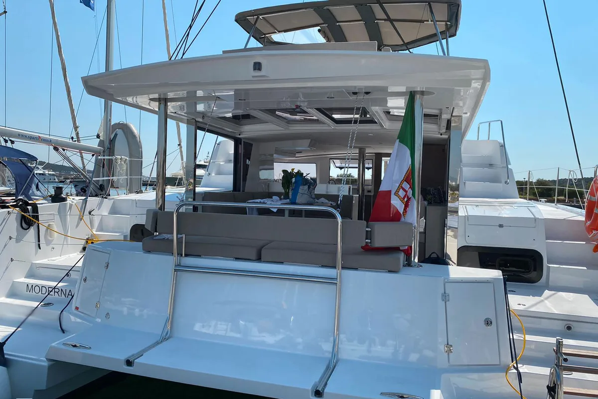 Exterior view of Moderna, a Bali 4.6 catamaran at Cannigione, Italy