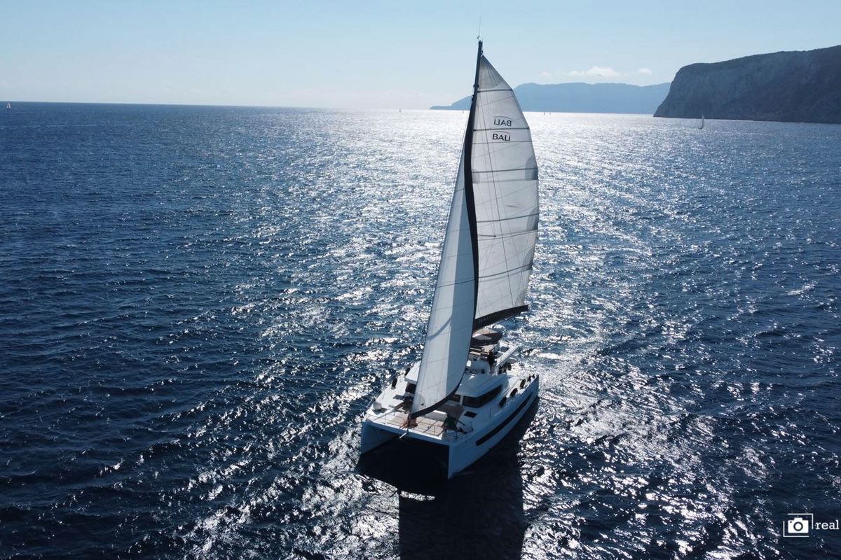 Exterior view of Moderna, a Bali 4.6 catamaran at Cannigione, Italy
