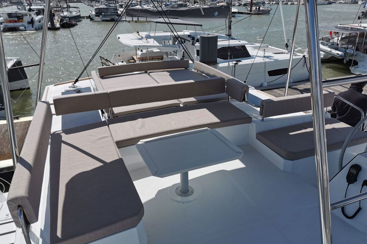 Deck of Moderna, a Bali 4.6 catamaran at Cannigione, Italy