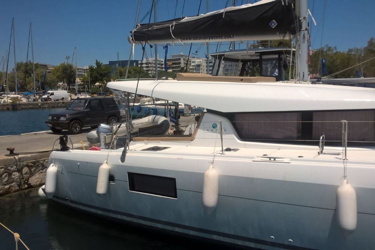 Exterior view of Aeolian Breeze, a Lagoon 42 catamaran at Preveza, Greece