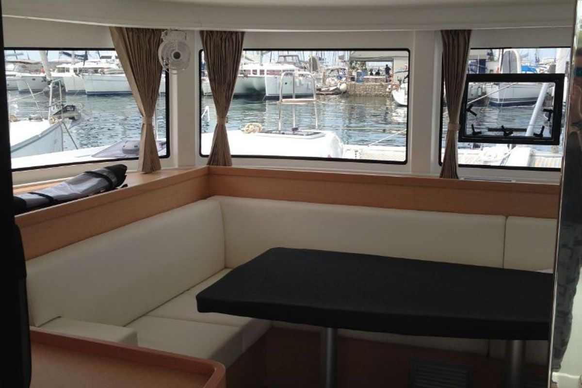 Salon of Aeolian Breeze, a Lagoon 42 catamaran at Preveza, Greece