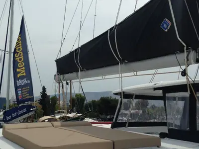 Deck of Aeolian Breeze, a Lagoon 42 catamaran at Preveza, Greece