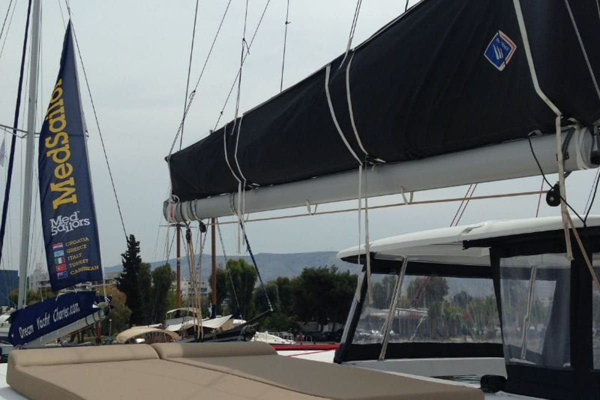 Deck of Aeolian Breeze, a Lagoon 42 catamaran at Preveza, Greece