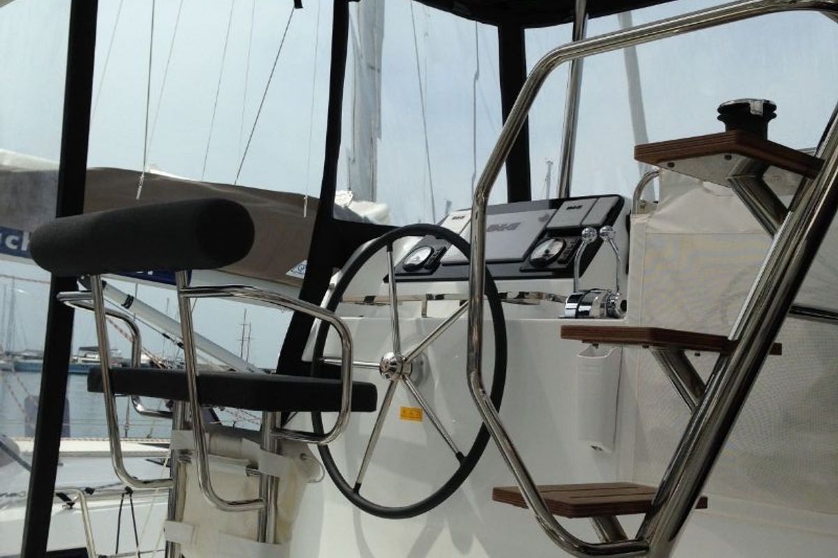Cockpit of Aeolian Breeze, a Lagoon 42 catamaran at Preveza, Greece