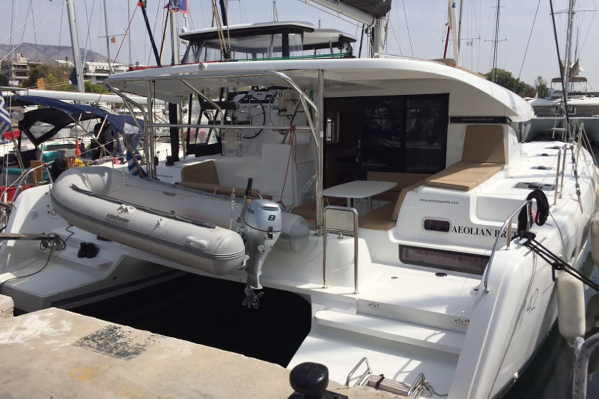 Exterior view of Aeolian Breeze, a Lagoon 42 catamaran at Preveza, Greece