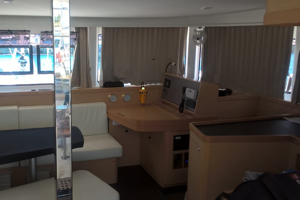 Salon of Aeolian Breeze, a Lagoon 42 catamaran at Preveza, Greece