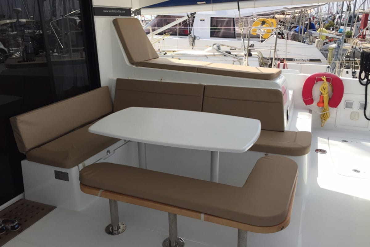 Deck of Aeolian Breeze, a Lagoon 42 catamaran at Preveza, Greece