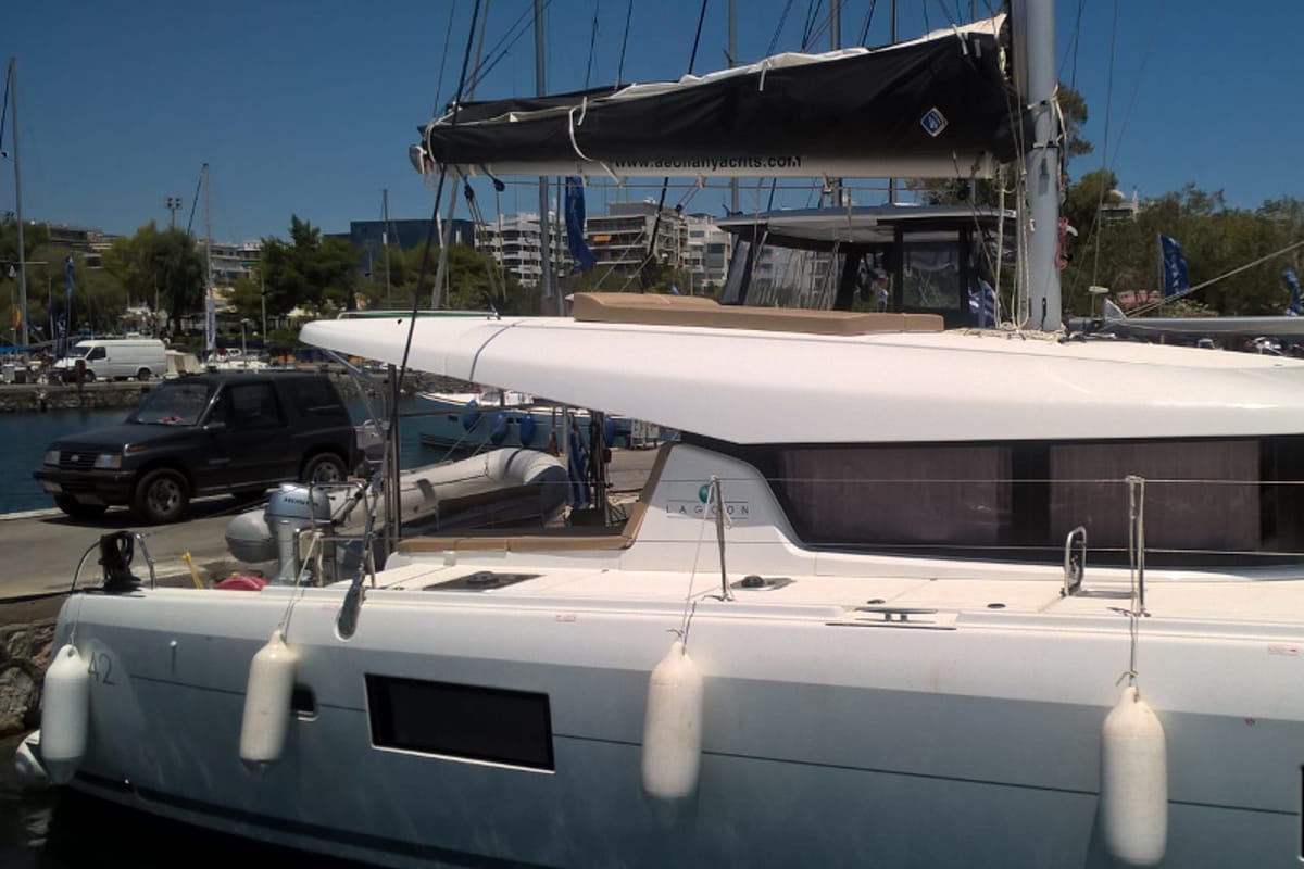 Exterior view of Aeolian Breeze, a Lagoon 42 catamaran at Preveza, Greece