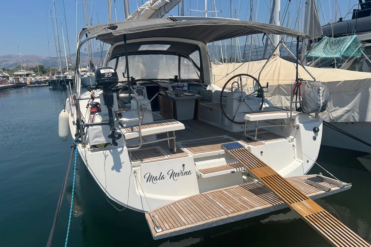 Exterior view of Mala Nevina, a Beneteau Oceanis 41.1 sailboat at Preveza, Greece