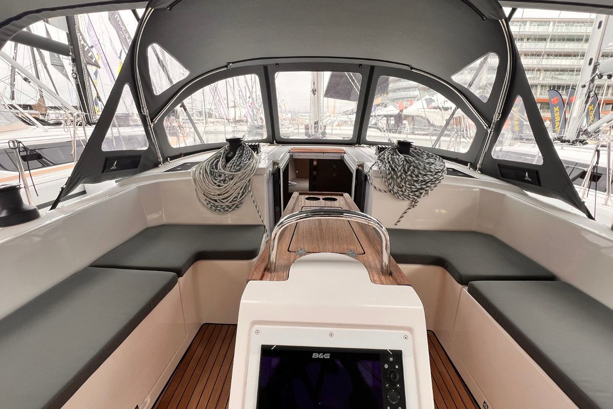 Cockpit of NAYJARA II, a Bavaria C42 sailboat at Cecina, Italy