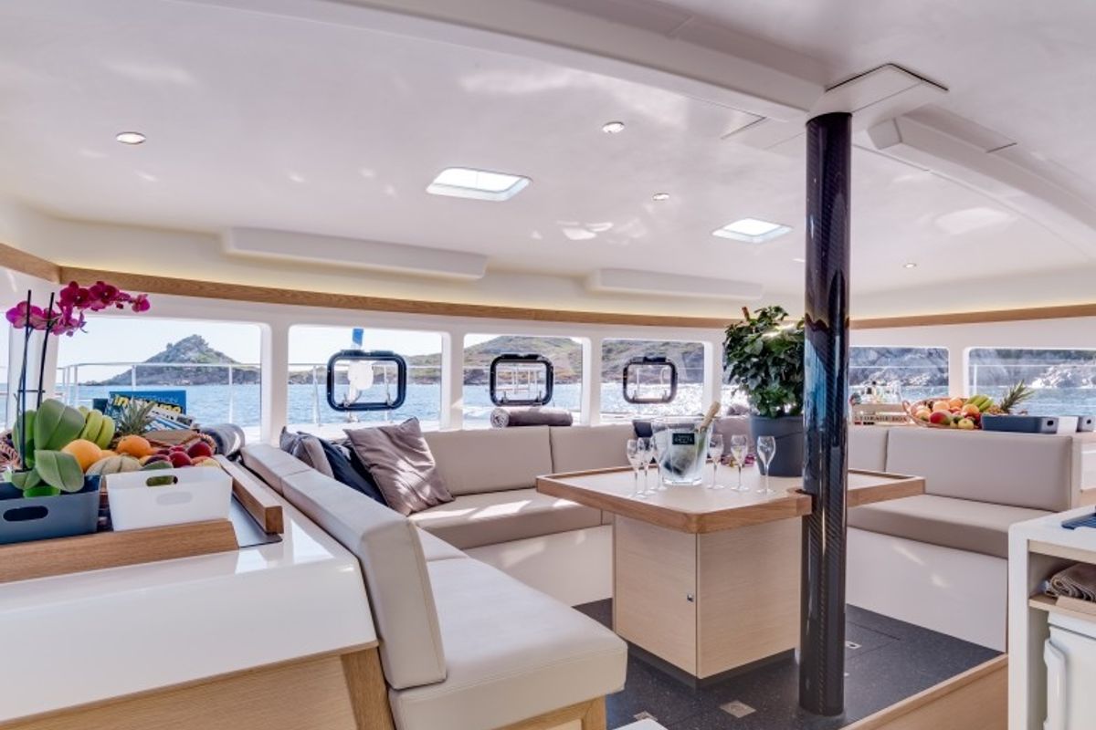 Salon of Eye Candy, a Gulet Catlante 720 catamaran at Eden Island Marina, Seychelles