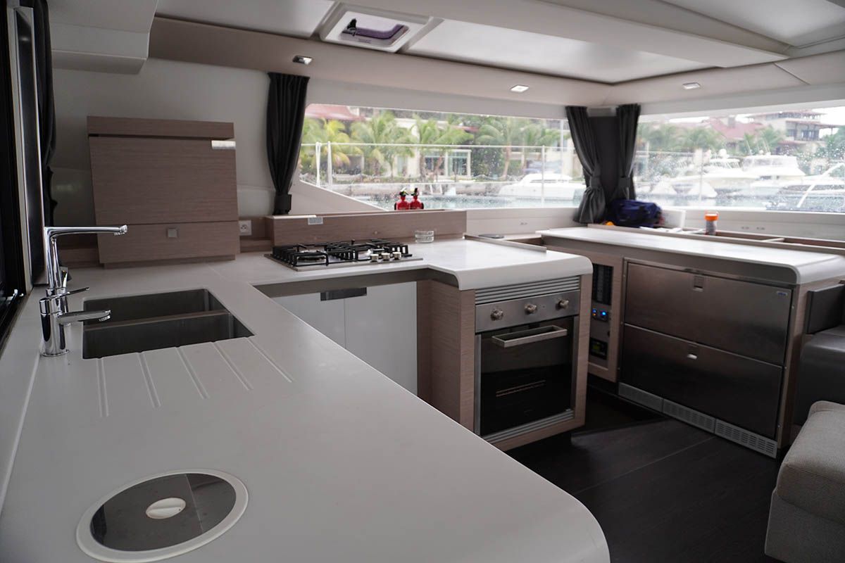 Galley of Positive Energy, a Fountaine Pajot Tanna 47 catamaran at Seychelles, Eden Island Marina, Seychelles