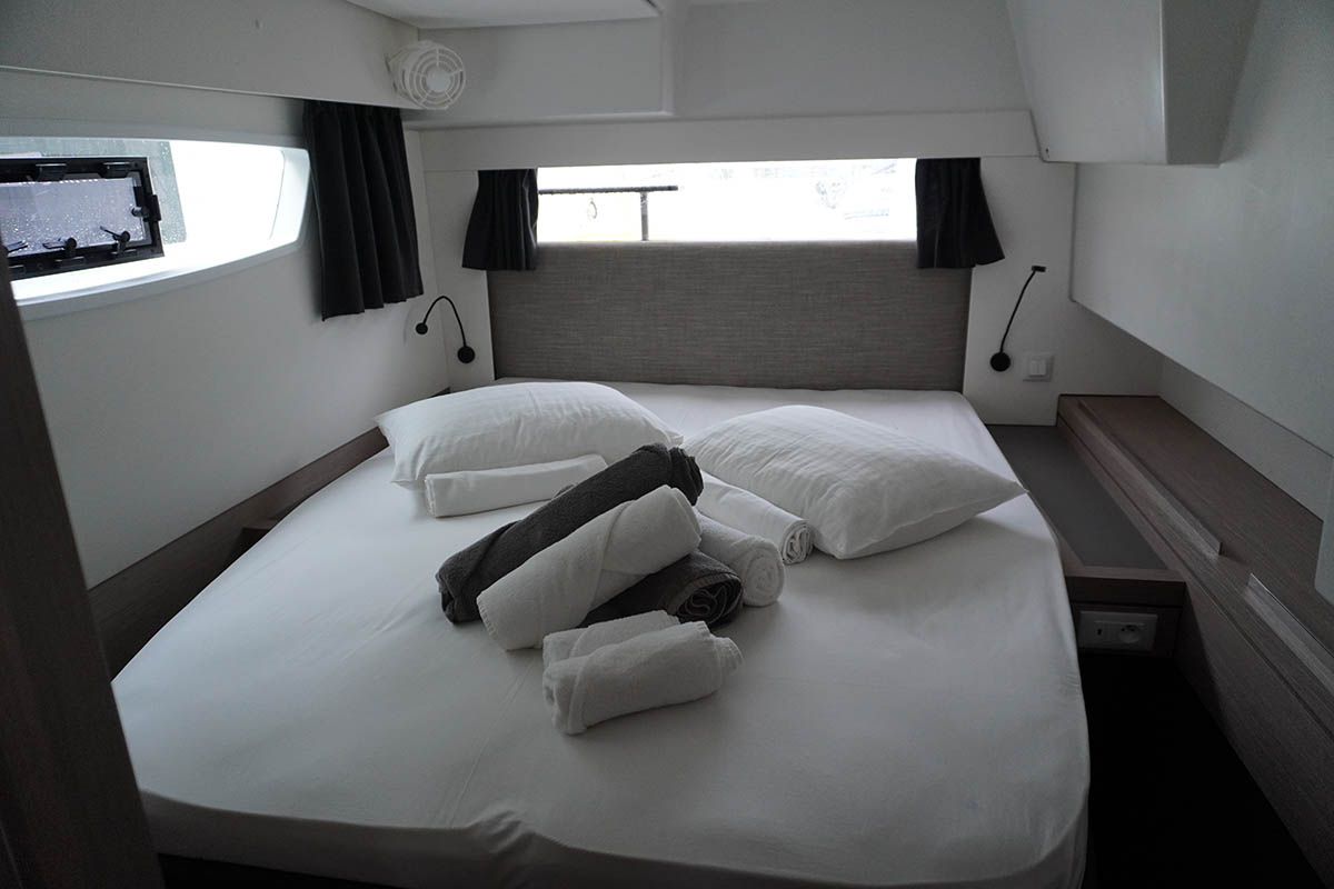 Cabin on Positive Energy, a Fountaine Pajot Tanna 47 catamaran at Seychelles, Eden Island Marina, Seychelles