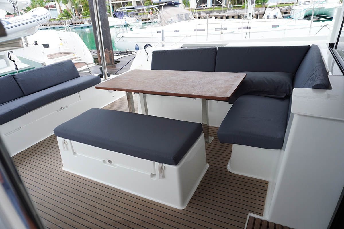 Deck of Positive Energy, a Fountaine Pajot Tanna 47 catamaran at Seychelles, Eden Island Marina, Seychelles