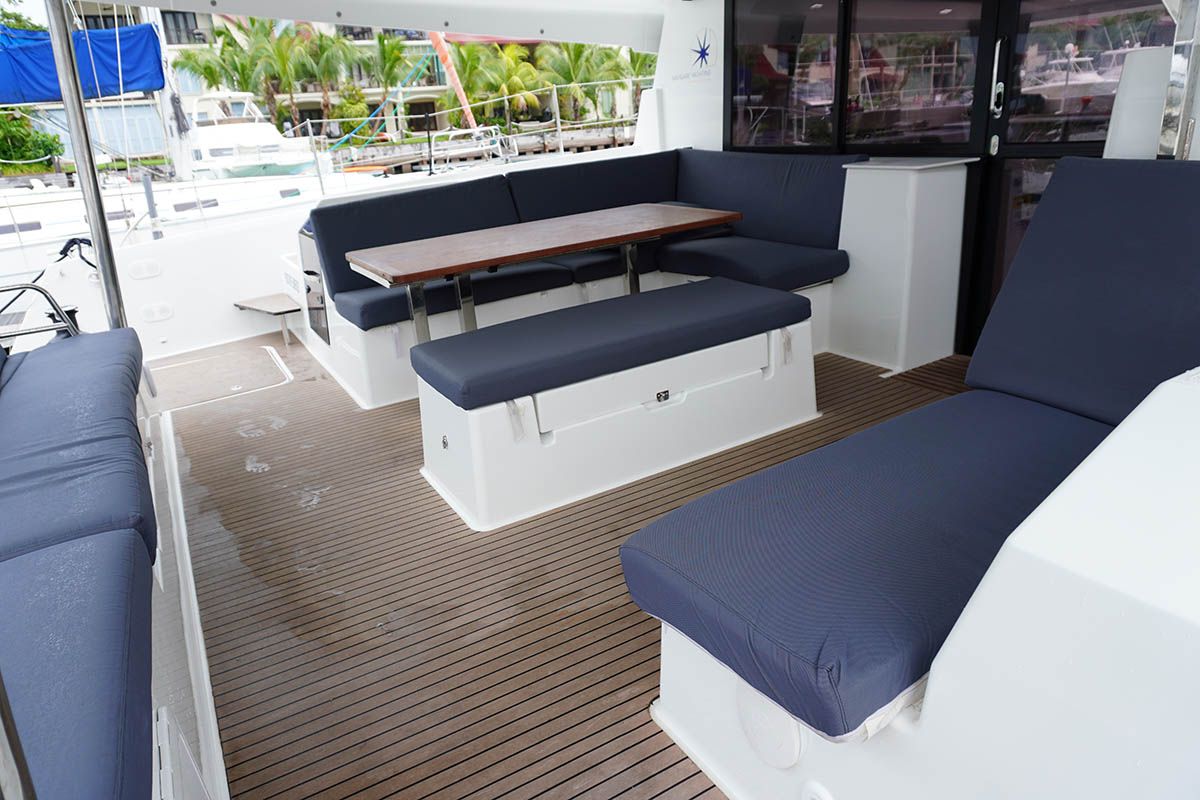 Deck of Positive Energy, a Fountaine Pajot Tanna 47 catamaran at Seychelles, Eden Island Marina, Seychelles