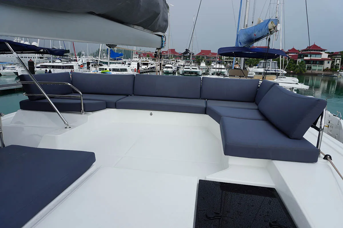 Deck of Positive Energy, a Fountaine Pajot Tanna 47 catamaran at Seychelles, Eden Island Marina, Seychelles