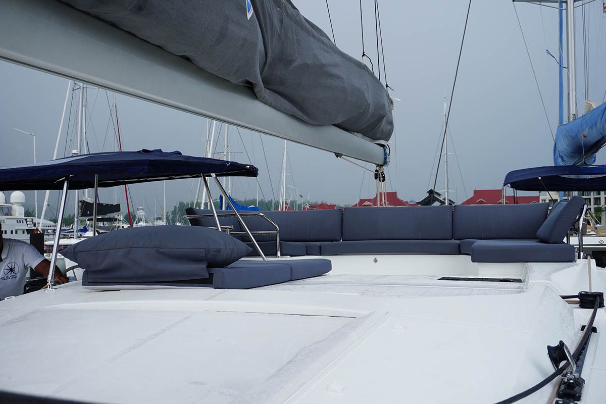 Deck of Positive Energy, a Fountaine Pajot Tanna 47 catamaran at Seychelles, Eden Island Marina, Seychelles