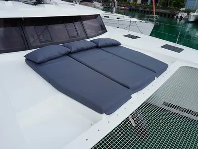 Deck of Positive Energy, a Fountaine Pajot Tanna 47 catamaran at Seychelles, Eden Island Marina, Seychelles