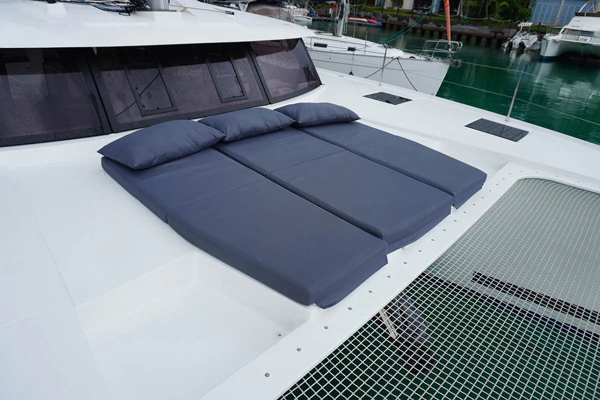 Deck of Positive Energy, a Fountaine Pajot Tanna 47 catamaran at Seychelles, Eden Island Marina, Seychelles
