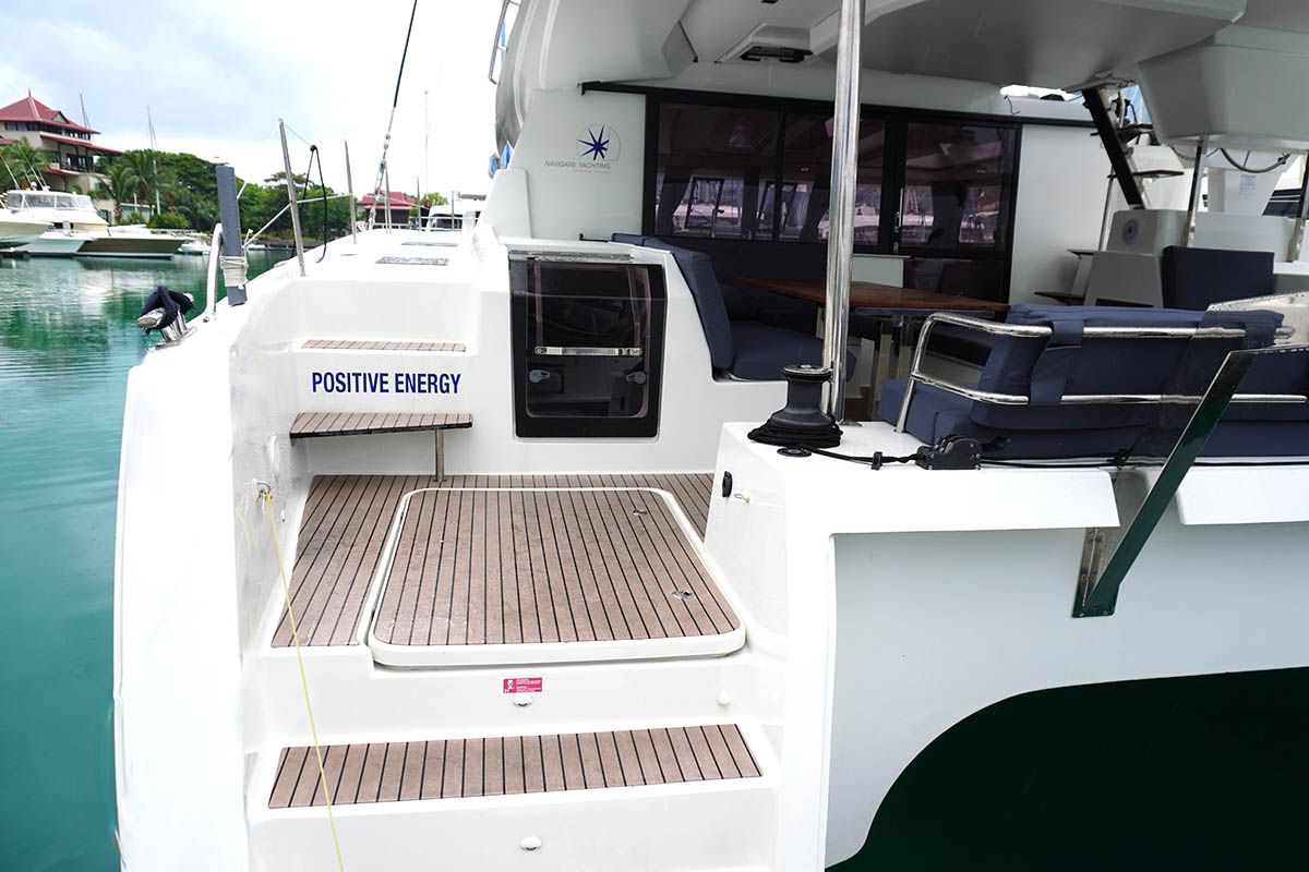 Deck of Positive Energy, a Fountaine Pajot Tanna 47 catamaran at Seychelles, Eden Island Marina, Seychelles
