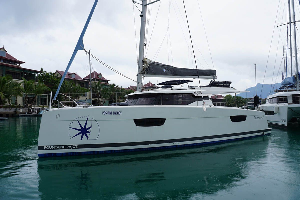 Exterior view of Positive Energy, a Fountaine Pajot Tanna 47 catamaran at Seychelles, Eden Island Marina, Seychelles