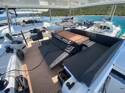 Cockpit of The Moon, a Lagoon 55 catamaran at Olbia, Italy