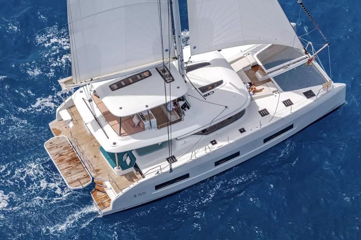 Exterior view of The Moon, a Lagoon 55 catamaran at Olbia, Italy