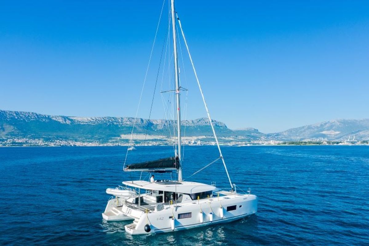 Exterior view of Ladesta, a Lagoon 42 catamaran at Grad Kaštela, Croatia