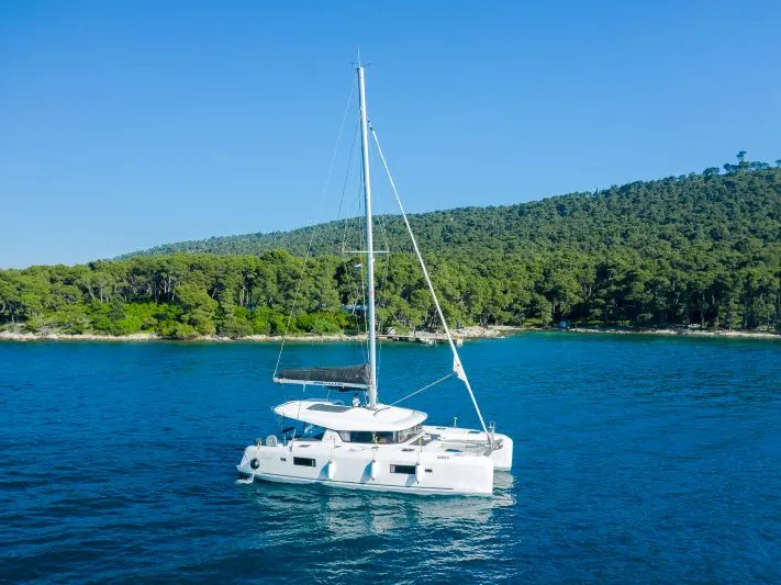 Exterior view of Brattia, a Lagoon 42 catamaran at Grad Kaštela, Croatia
