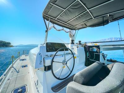Cockpit of Brattia, a Lagoon 42 catamaran at Grad Kaštela, Croatia