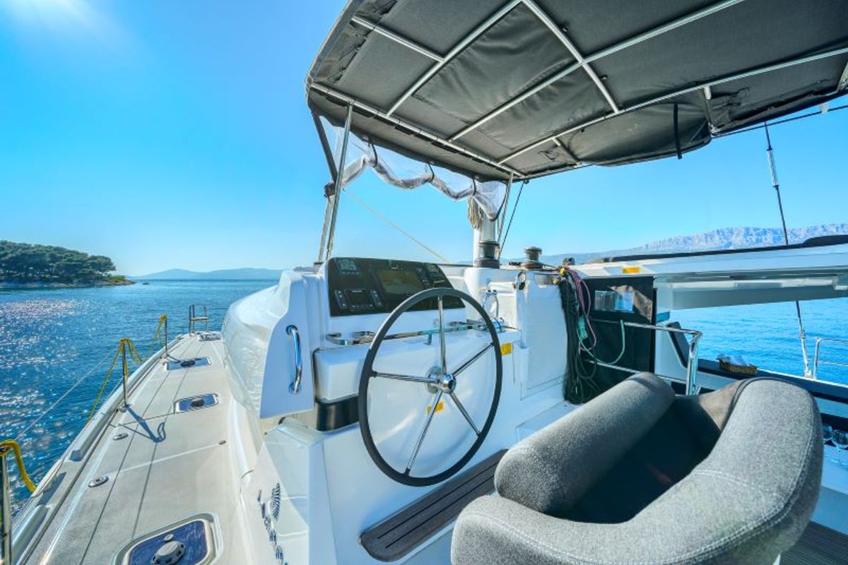 Cockpit of Brattia, a Lagoon 42 catamaran at Grad Kaštela, Croatia