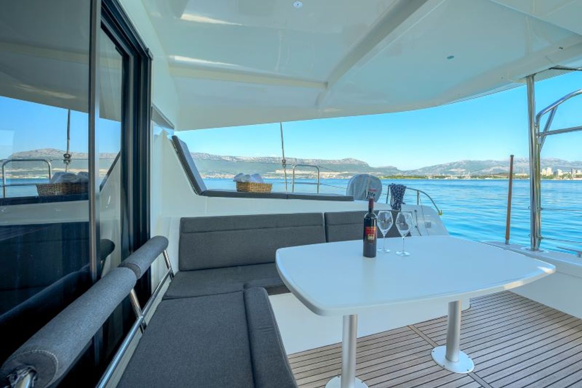Deck of Brattia, a Lagoon 42 catamaran at Grad Kaštela, Croatia