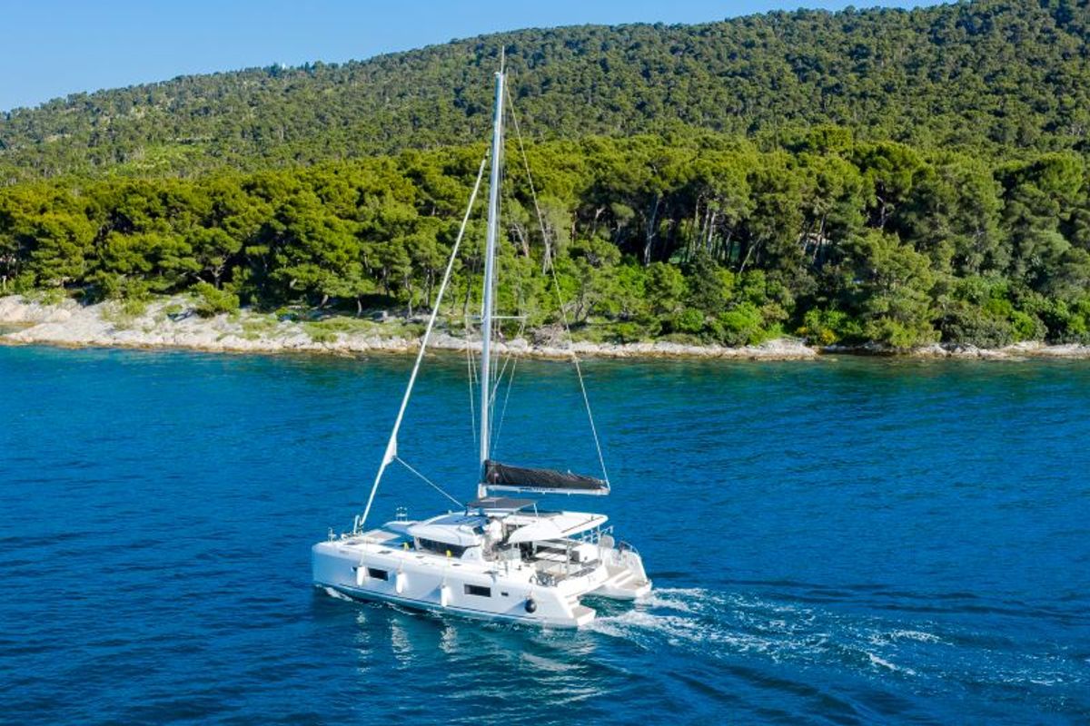 Exterior view of Brattia, a Lagoon 42 catamaran at Grad Kaštela, Croatia