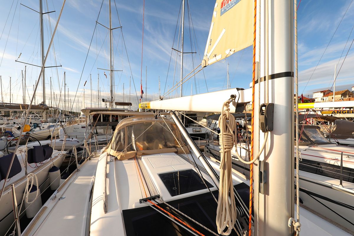 Deck of Papillon, a Dufour 350 GL sailboat at Grad Biograd na Moru, Croatia