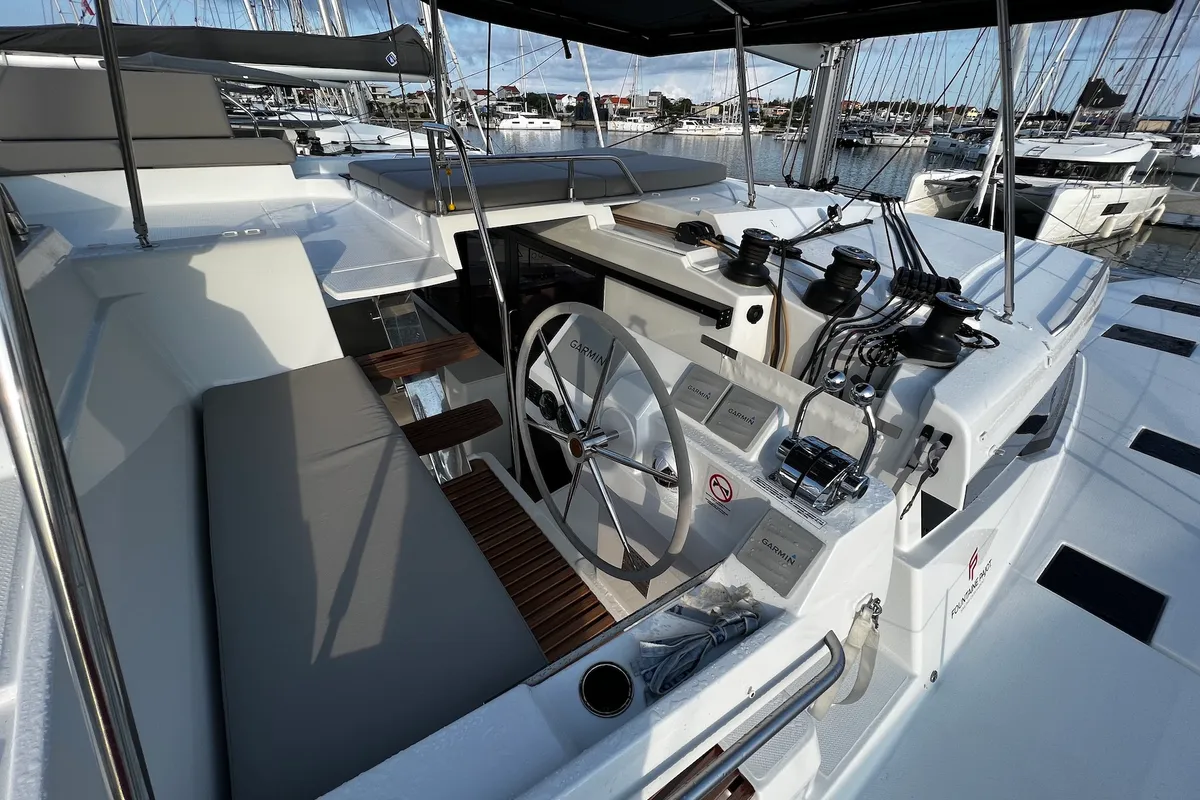 Cockpit of Andy, a Fountaine Pajot Tanna 47 catamaran at Općina Sukošan, Croatia