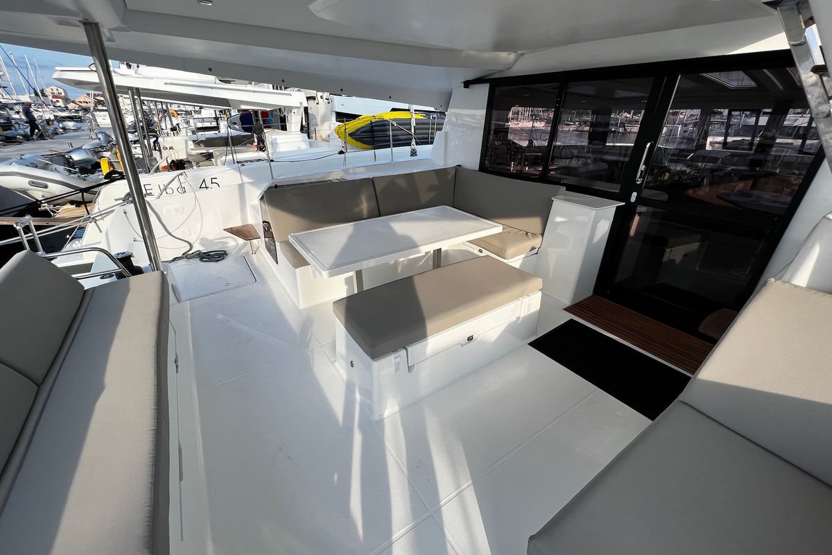 Deck of Andy, a Fountaine Pajot Tanna 47 catamaran at Općina Sukošan, Croatia