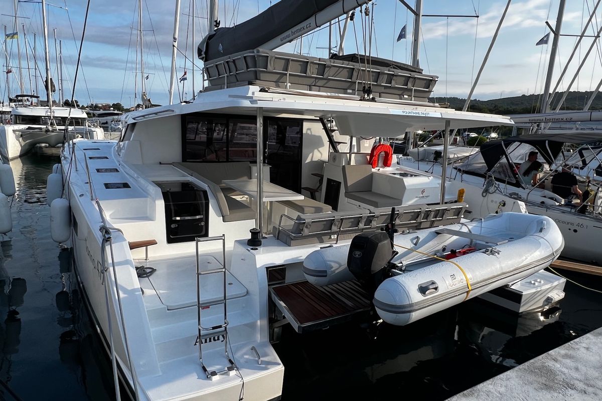 Exterior view of Andy, a Fountaine Pajot Tanna 47 catamaran at Općina Sukošan, Croatia