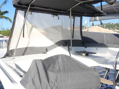 Cockpit of Fiyolo, a Fountaine Pajot Elba 45 catamaran at Charlotte Amalie, United States