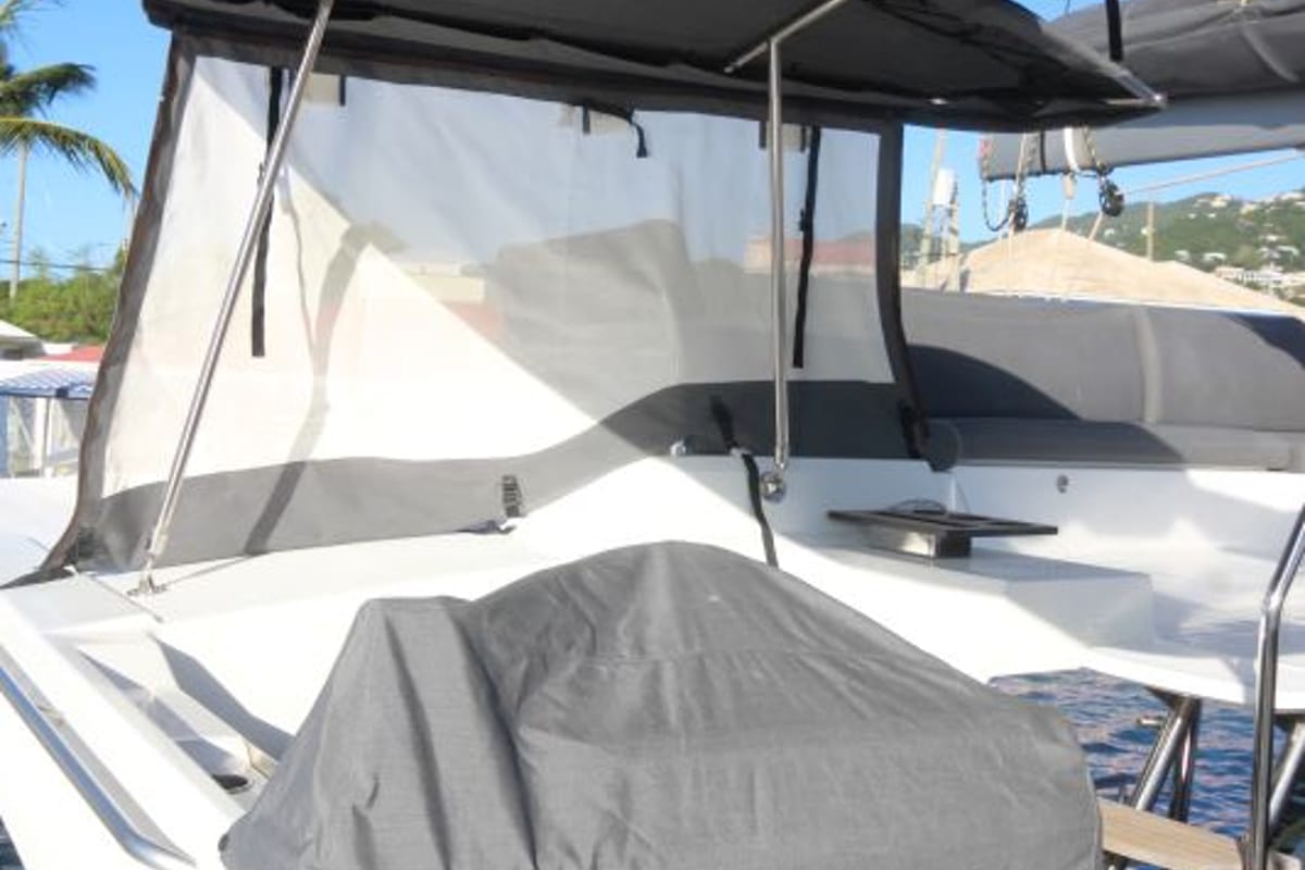 Cockpit of Fiyolo, a Fountaine Pajot Elba 45 catamaran at Charlotte Amalie, United States