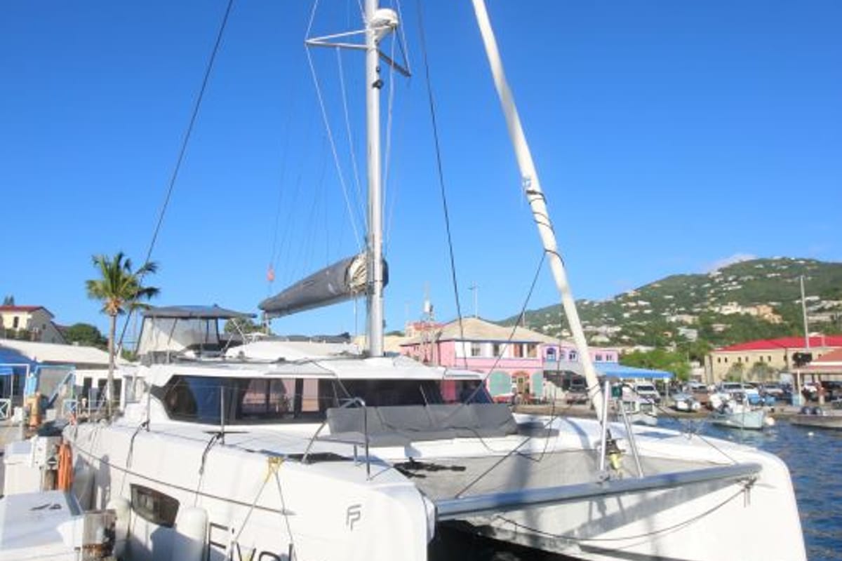 Exterior view of Fiyolo, a Fountaine Pajot Elba 45 catamaran at Charlotte Amalie, United States