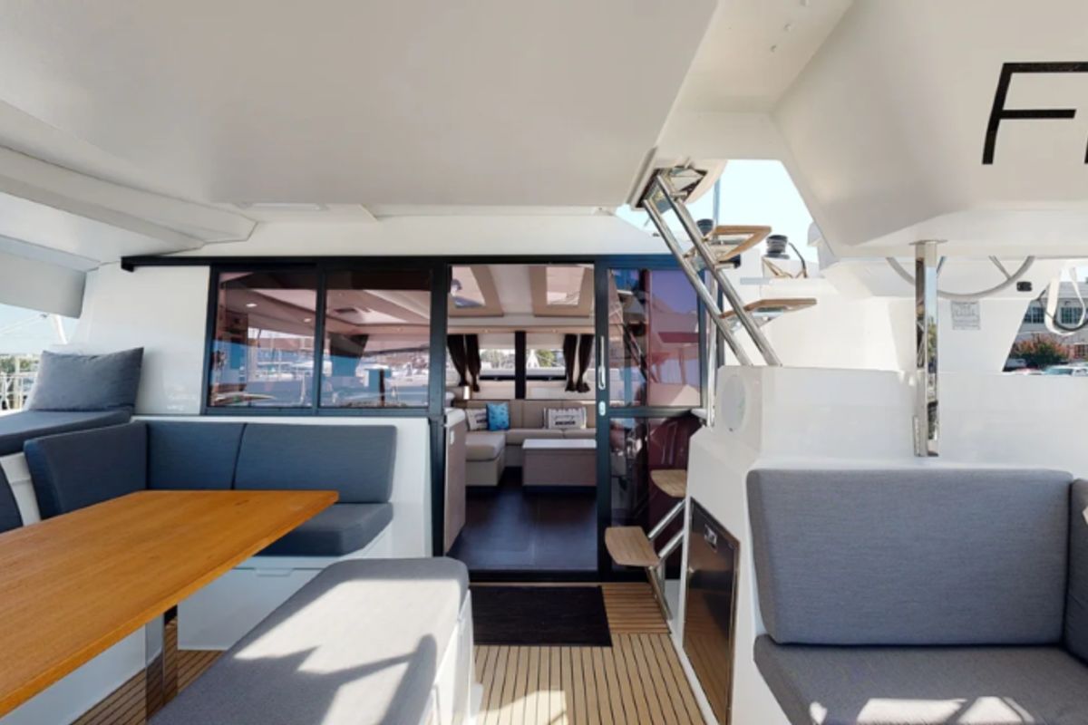 Deck of Fiyolo, a Fountaine Pajot Elba 45 catamaran at Charlotte Amalie, United States