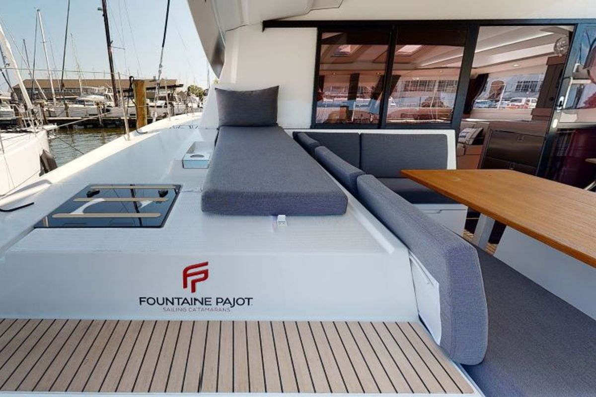 Deck of Fiyolo, a Fountaine Pajot Elba 45 catamaran at Charlotte Amalie, United States